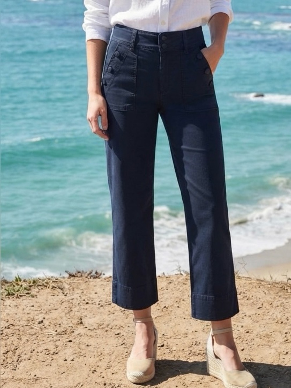 DL1961 Hepburn High Rise Wide Leg Sailor Pants Navy Blue 26 12560